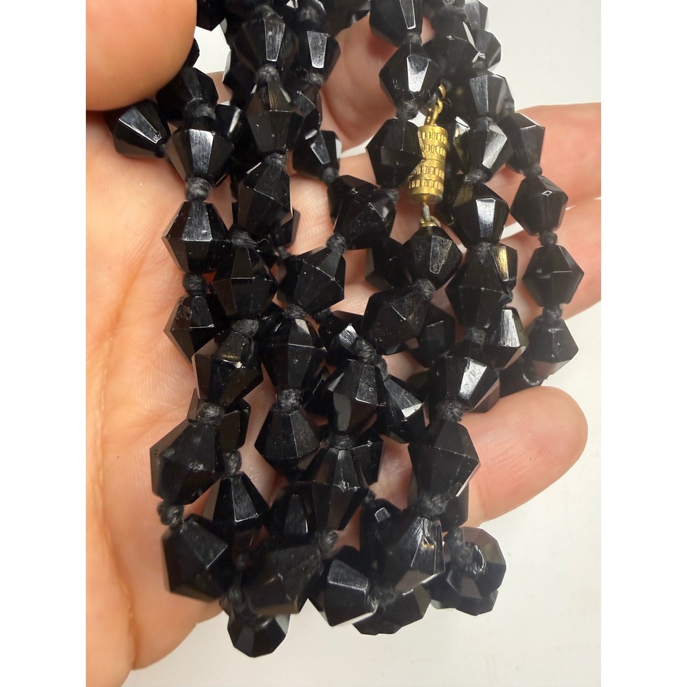 Vintage Black Faceted Glass Bead Long Necklace Hand Knotted Barrel Clasp 44 Inch